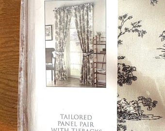 Waverly Garden Room Curtain Drapery Two Full Length Panels with Tiebacks Black & White Window Covering French Country NOS Unopened Cotton
