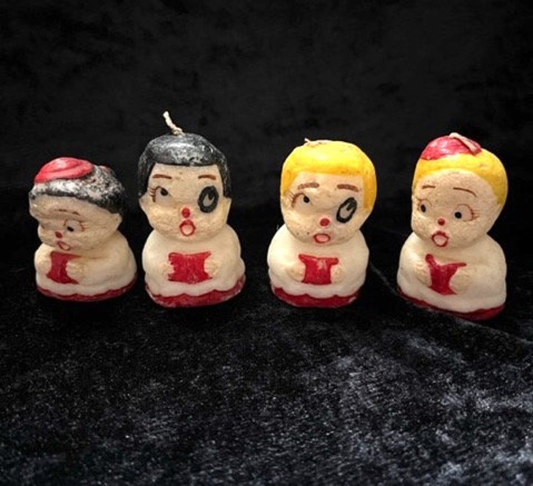 Vintage 50s Set of 4 Christmas Caroler Small Candles Two Boys With