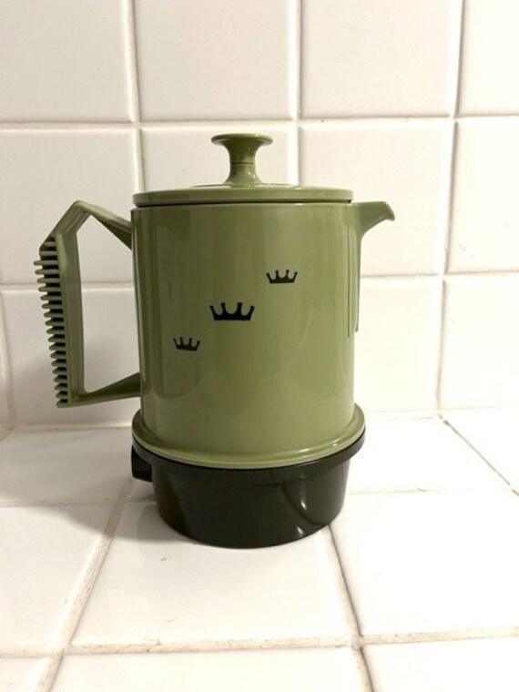 Vintage 60s MCM Plastic Coffee Pot Avocado Green Regal Ware Poly Perk 2-4  Cup Electric Pot Crown Design Travel Water Heater Works Great 