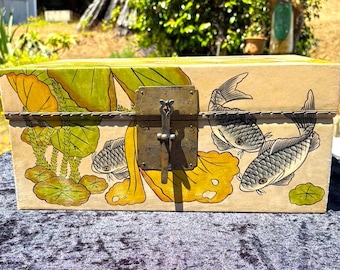 Vintage Antique 1900/1800s Chinese Hand Painted Pigskin Leather Wood Box Trunk Lotus Flowers and Ki Fish Design Treasure Chest Metal Clasp
