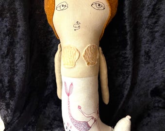 Vintage Fabric Mermaid Pillow Doll Handcrafted with Embroidered Face with Fabric that Says " Be a Mermaid in a Sea of Fish" Pillow Art Doll