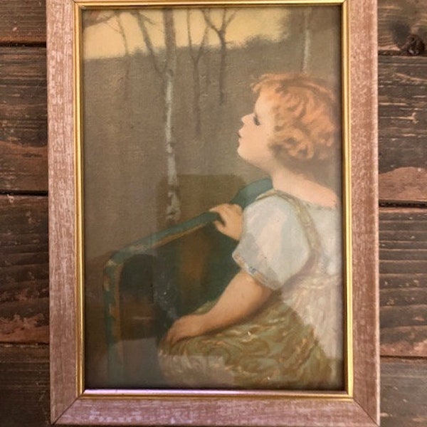 Vintage Print 30s Lithograph of Spring Song by Simon Gluckich Small Painting Wood Framed Young Girl Looking at Bird Picture Wall Hanging