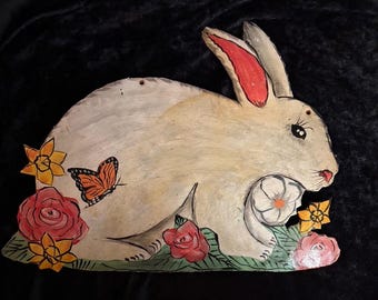 Vintage Metal Sign Bunny Rabbit with Flowers Steel Drum Hand Painted Haitian Sign Wall Hanging Haiti Easter Folk Art Rustic Primitive