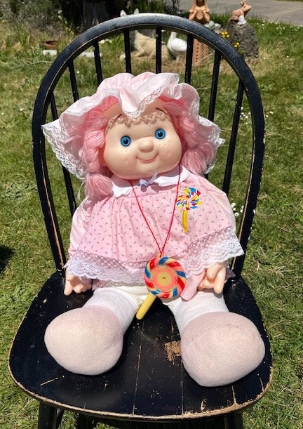 Vintage 80s Lollipop Girl Doll Large 22" Plastic Face Doll in Pink Flower Dress and Bonnet and Pink Hair in Braids House Of Lloyd Toys