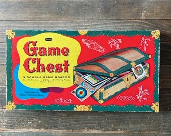 Vintage 50s Game Chest Game Board Box with 3 Double Sided Game Boards and Game Pieces, Game Rules, Lots of Games in one Box! Great Graphics