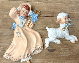 Vintage 50s Little Bo Peep and Lamb Set of 2 Kid Plaques Hand Painted  and Decorated Ceramic Retro Ceramic Wall Hangings Irene Smith MCM