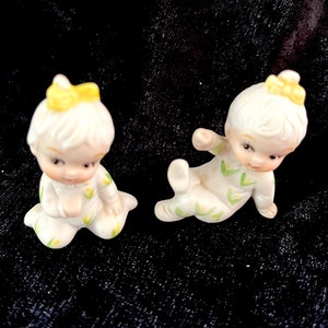 Vintage 60s Two Little Girl Porcelain Bone China Napcoware Baby of the Month Tiny Little Figurines in Green Leaf  Pajamas Taiwan