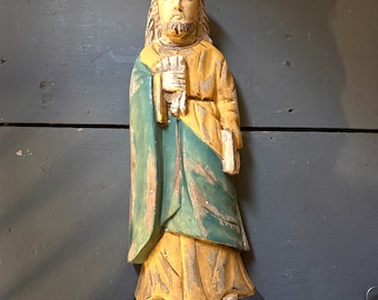 Estatua vintage de madera tallada a mano de Santos Flatback para colgar en la pared, estatua religiosa católica de San Pedro, rústica primitiva #7