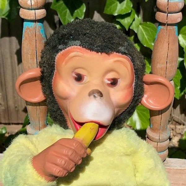 Vintage 50s Mr Bim Zippy Monkey Chimpanzee Banana Eating Rubber Face and Hands Plush Animal Smaller 15" Tall Very Cute!