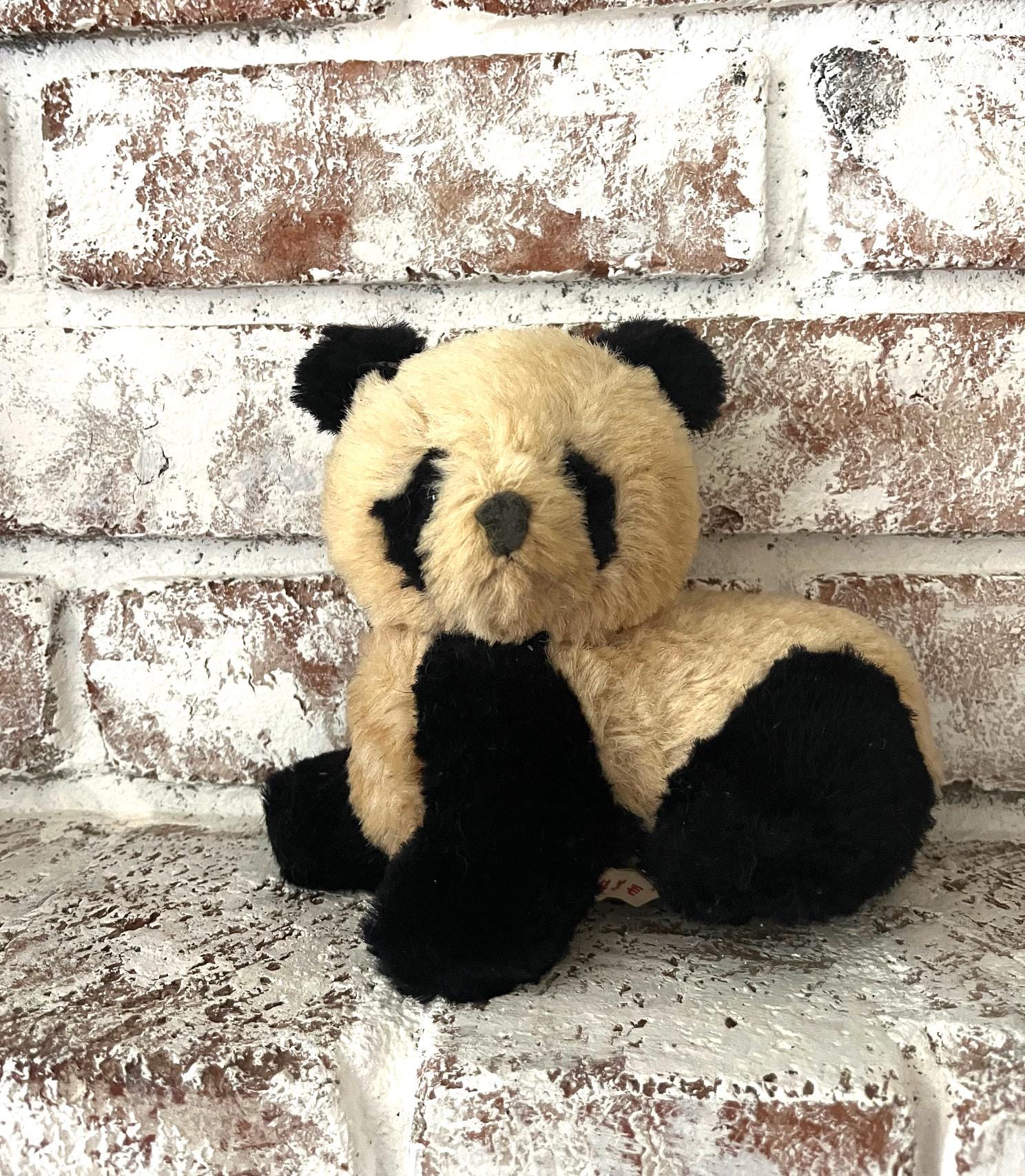 Vintage 60s Small Panda Bear Pure Wool Plush Stuffed Animal Black