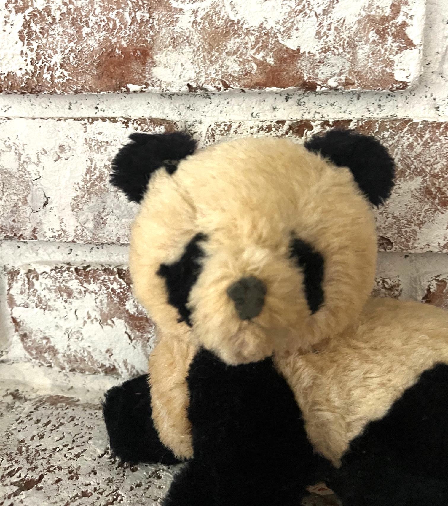 Vintage 60s Small Panda Bear Pure Wool Plush Stuffed Animal Black