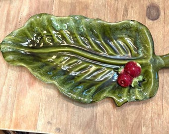 Vintage 40s Ceramic Green Leaf with Red Apples Wade of California USA Serving Platter Large Leaf Plate Tray Christmas Decor
