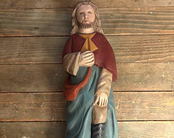 Estatua vintage de madera tallada a mano de Santos Flatback para colgar en la pared, estatua religiosa católica de santo para colgar en la pared, rústica primitiva #4