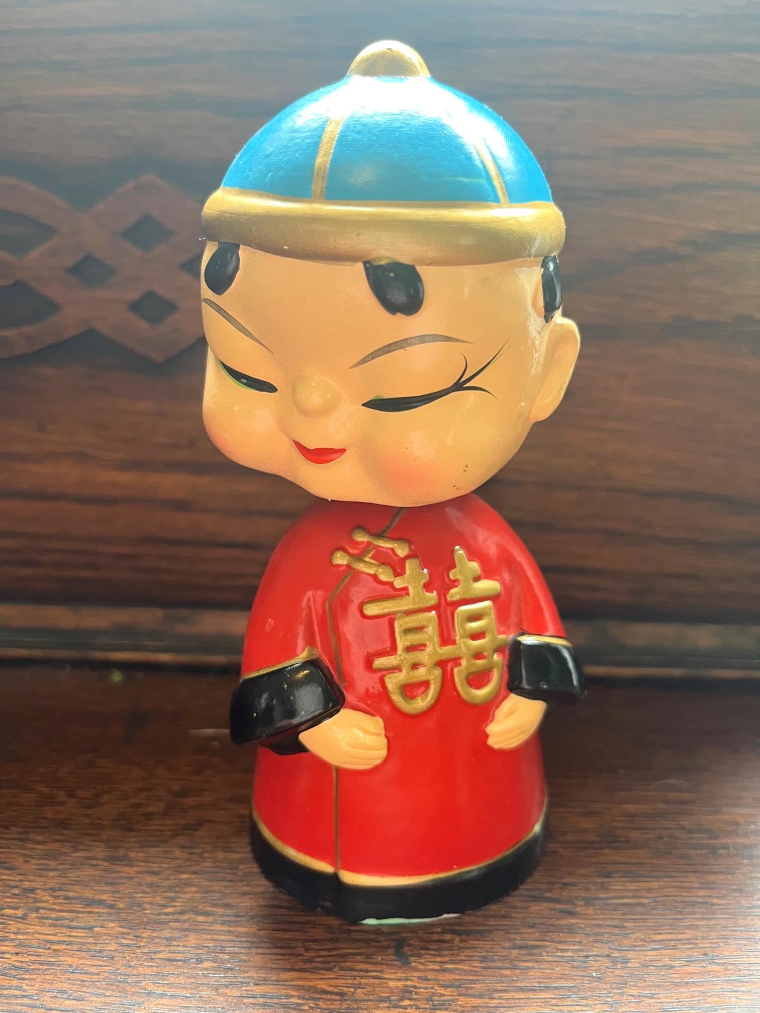 Vintage 50s Asian Ceramic Bobblehead Chinese Red Coat and Blue Hat