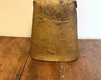 Vintage Antique Large Metal Cow Bell Gold Colored with Handle Great Patina Rustic Primitive Farmhouse