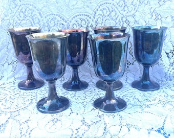 Vintage 50s Set of 6 Goblets Sheridan Silver on Copper Mugs Engraved with a B Antique Drinking Glasses Blue and Gold Tone Cups Wedding Decor