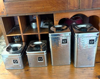 Vintage 50s Set of 4 Chrome Metal Canisters w/ Black Knob Lids Flour, Sugar, Coffee, Tea Farmhouse Kitchen Containers Country Patina MCM