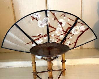 Vintage Metal Bamboo Stand with Translucent Fan with Cherry Blossoms Candle Holder Incense Burner Asian Style with Drop Pearl Delicate Decor
