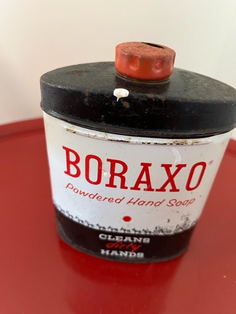 Vintage 50s Borax Metal Tin Boraxo Soap Dispenser Container Black and Red  Powdered Hand Soap Great Condition Rustic Primitive Country Home 