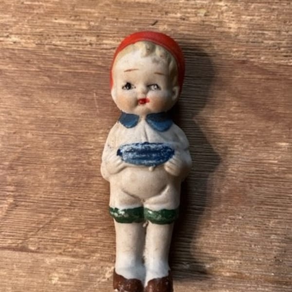 Vintage 40s Bisque Kewpie Doll Hand Painted Made in Japan Figurine Boy Holding Boat and Wearing Red Hat Ceramic Statue