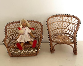 Vintage 70s Wicker Doll Chair Set with Wooden Doll High Back Chair & Sofa Child Play Toy For Doll or Plant Stand Furniture and Polish Doll