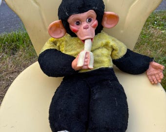 Chimpancé Mr. Bim Zip Zippy Mono Vintage de los años 60 con Cara de Plátano y Manos de Goma, Peluche de 50 cm (20 pulgadas) Negro y Amarillo, Tipo Rushton