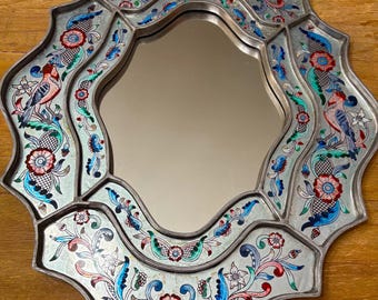 Vintage Handcrafted Reverse Painted Mirror Flowers and Birds Peruvian Folk Art Wall Hanging
