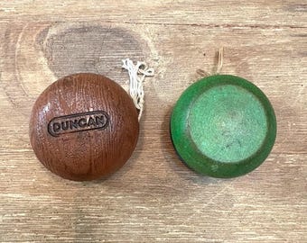 Vintage 60s Pair of Duncan Yo-Yos Faux Wood and Blue and Green Starter Yo-Yo Fun Child Toys from 1960 MCM Yo-Yo Toy