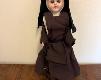 Vintage 50s Nun Doll with Plastic Face Dressed in Brown and Black Habit with Rosary Cross Crucifix Sleepy Eyes Catholic Religious Doll