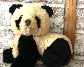 Vintage 60s Small Panda Bear Pure Wool Plush Stuffed Animal Black