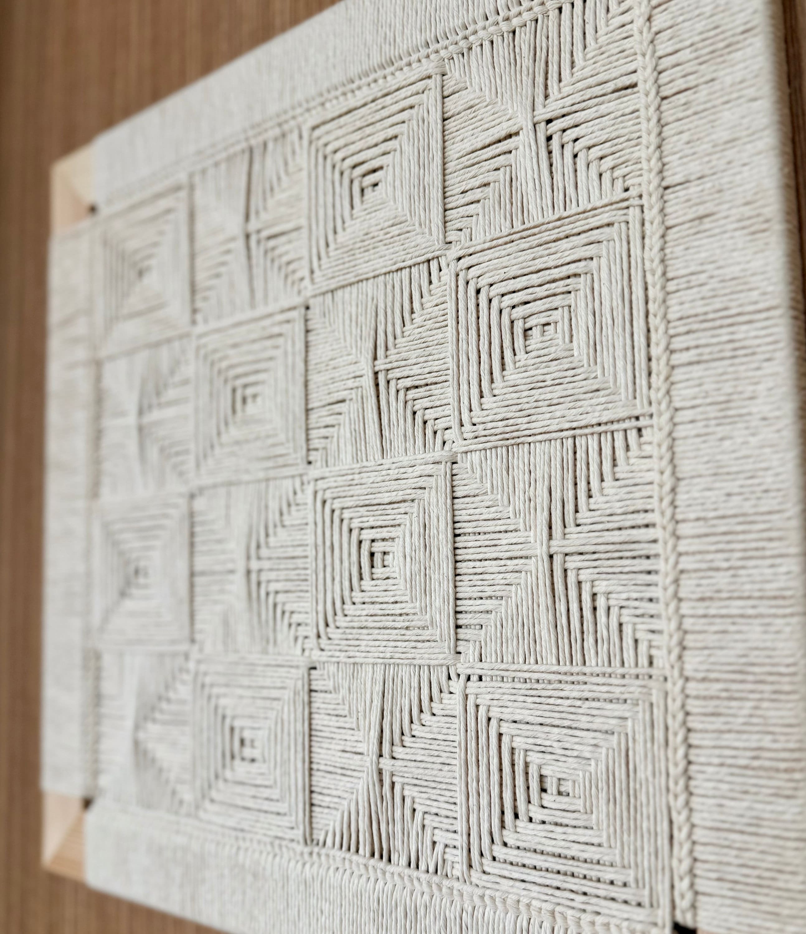 Hand Woven Geometric Wall Hanging: Neutral Fiber Art, 16" Frame