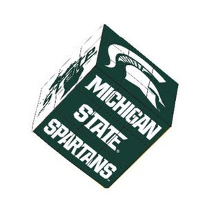 May include: A green and white cube featuring the words "Michigan State Spartans" in white lettering. The cube also displays the Michigan State Spartans logo. The cube is set against a white background.