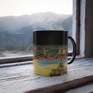 Cambia colore! Saluti dall'Illinois ThermoH Morphin Tazza da caffè in ceramica - Sensibile al calore - Tazza souvenir - Arte cartolina vintage