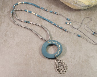 Collier en céramique bleu sarcelle, collier Chunky Boho, collier en céramique de déclaration géométrique, collier de cocktail unique