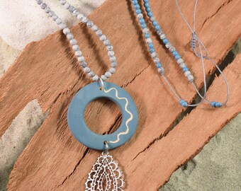 Teal Blue Ceramic Necklace, Chunky Boho Necklace,  GEOMETRIC Statement Ceramic Necklace, Unique Cocktail Necklace