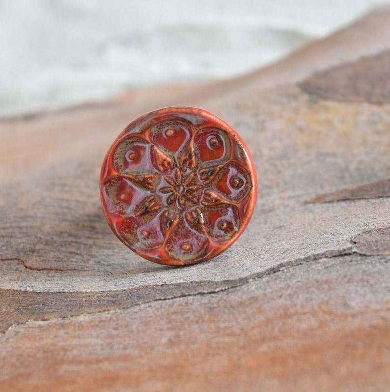 Red Ceramic Ring, Boho chic ring, Flower ceramic Ring, Unique clay ring, Statement ring, Handmade ceramic ring, Chunky Red ring image 1