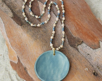 Ceramic Geometric Necklace, Blue Beaded Necklace, Boho Chic Ceramic Pendant with semi precious beads, Unique Clay Necklace