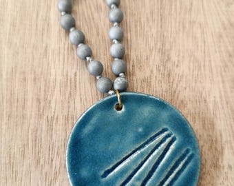 Ceramic Geometric Necklace, Blue Beaded Necklace, Boho Chic Ceramic Pendant with semi precious beads, Unique Clay Necklace