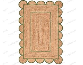 8x10 Jute rug Scallop Jute Rug Braided Rug Entry Rug Scalloped Rug Jute Runner Bedside Rug Emerald Green Jute rug 3x5 rug 4x6 9x12 rug 10x14