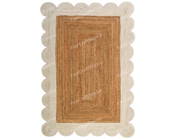 Off White Jute Rug 5x7 Scalloped Jute Rug Ivory Jute Rug 8x10  white Scallop Rug Jute Runner Rug Scallop Jute Rug 10x14 Hand woven rug 9x12