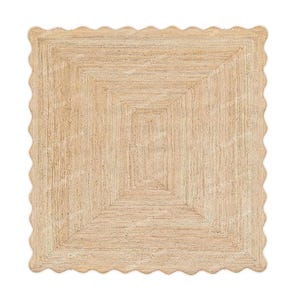 May include: A natural fiber rug with a square shape and a scalloped edge. The rug has a woven pattern with multiple layers of texture.