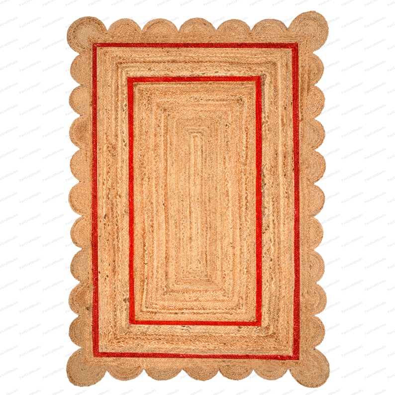 Scallop Rug Jute Rug Jute Scalloped Rug Jute Runner Rug Jute Area Rug 8x10 Jute Rug Scallop Jute Rug Scalloped Jute Rug Jute Rug 10x14, 9x12 Czerwony