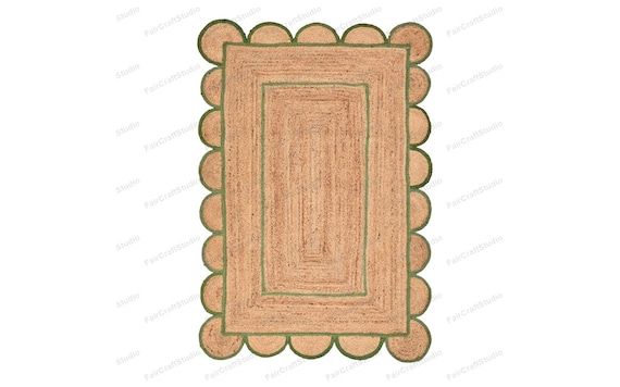 8x10 Jute rug Scallop Jute Rug Braided Rug Entry Rug Scalloped Rug Jute Runner Bedside Rug Emerald Green Jute rug 3x5 rug 4x6 9x12 rug 10x14