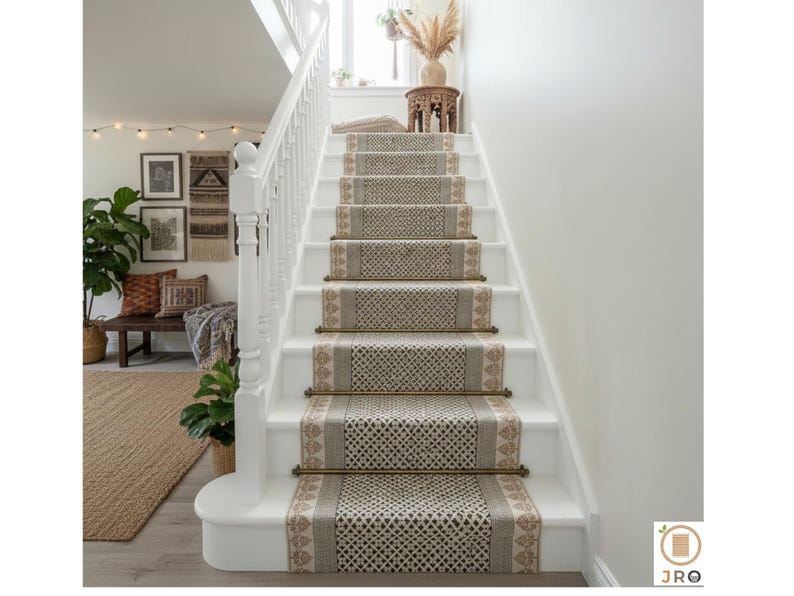 May include: Staircase with white risers and a patterned runner in neutral tones. The runner features geometric and floral designs in beige, brown, and cream. Brass rods secure the runner to each step, enhancing the aesthetic of the staircase.