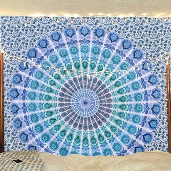 Indian Wall Hippie Hanging Bohemian Bedspread Blue Peacock Mandala Tapestry Mat
