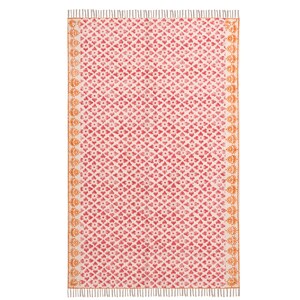 May include: A rectangular rug featuring a repeating floral pattern in red and white. The rug has a cream-coloured background with a symmetrical design. The edges are bordered with an orange floral pattern and finished with fringe.