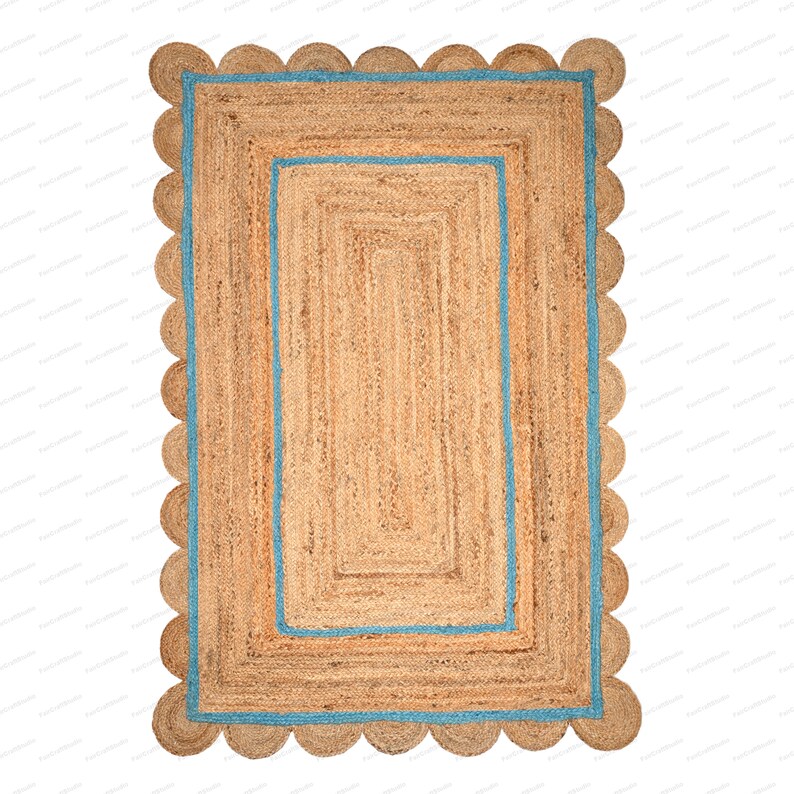 Scallop Rug Jute Rug Jute Scalloped Rug Jute Runner Rug Jute Area Rug 8x10 Jute Rug Scallop Jute Rug Scalloped Jute Rug Jute Rug 10x14, 9x12 Niebieski