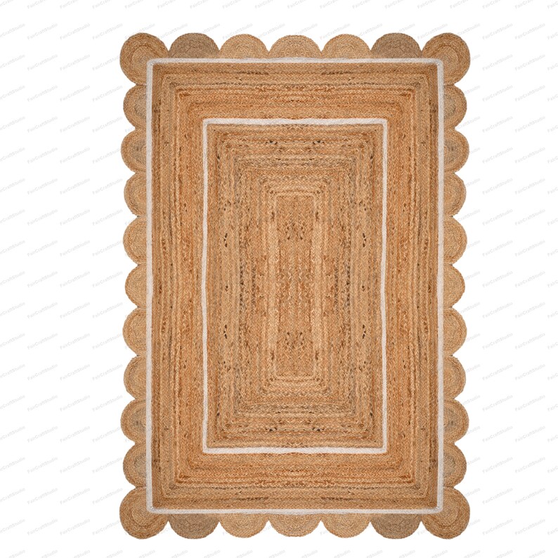 Scallop Rug Jute Rug Jute Scalloped Rug Jute Runner Rug Jute Area Rug 8x10 Jute Rug Scallop Jute Rug Scalloped Jute Rug Jute Rug 10x14, 9x12 Biały