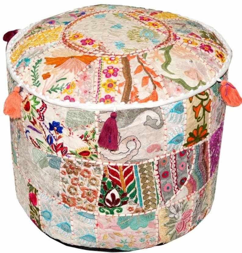 White Pouf Ottoman Patchwork Footstool Living Room Pouffe Etsy