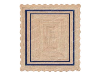 Navy Wavy Scalloped Rug Square Wave Jute Rug Scalloped Edge Rug Jute Scallop Rug Welcome Scalloped Rug Kitchen Rug in Navy, Green, Blue